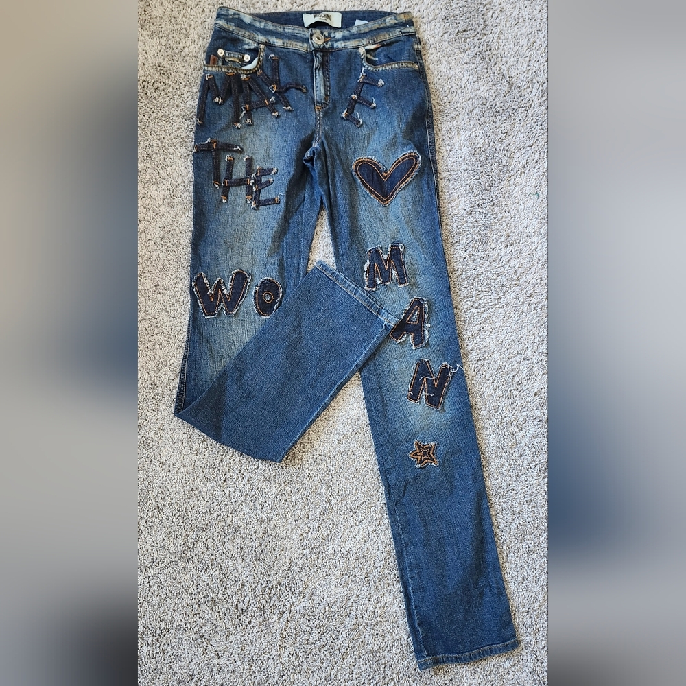 Moschino $750 Vintage Rare Y2K Patchwork Straight Leg Jeans Size 28 Blue